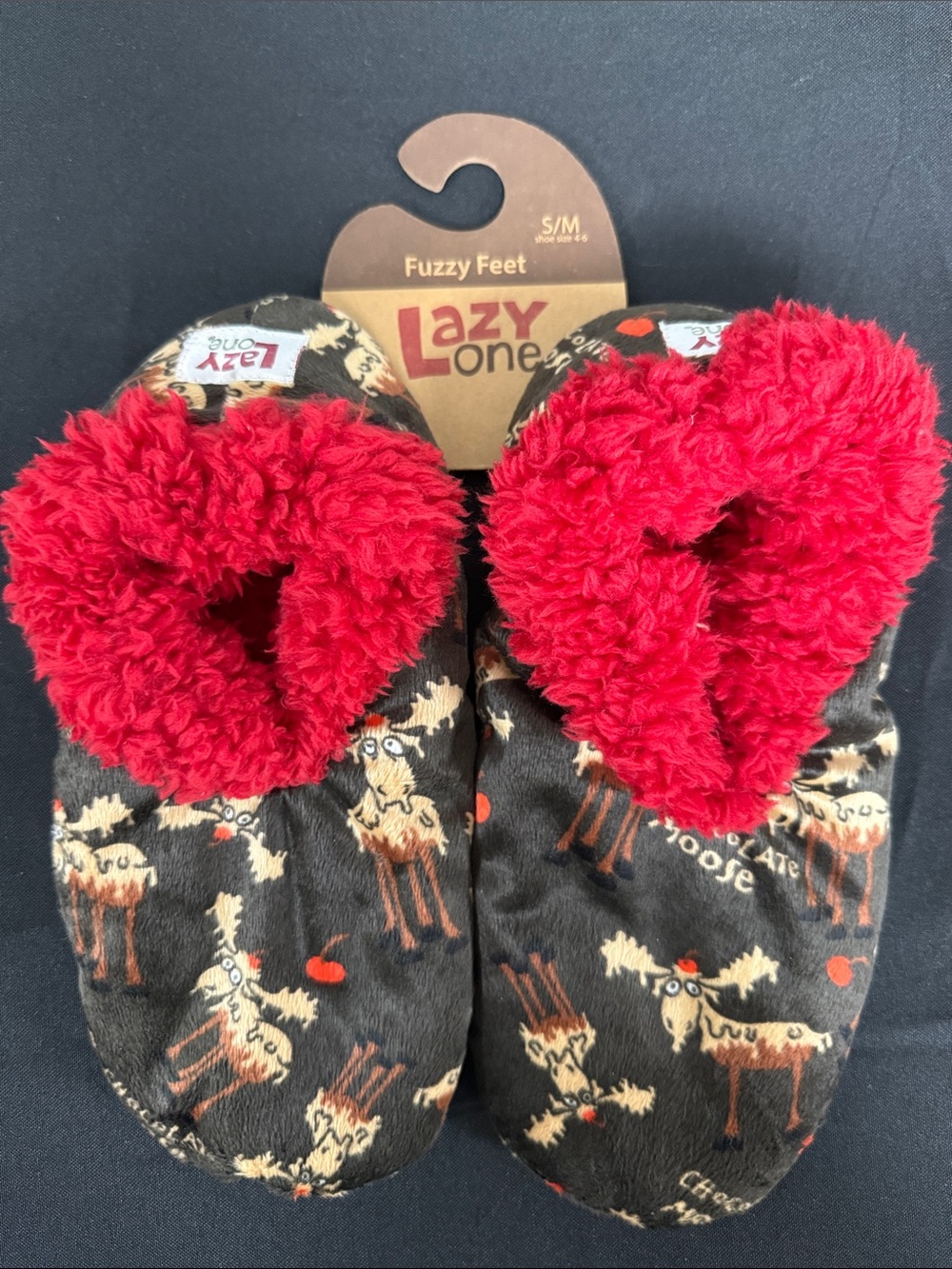 Lazy One Slippers with Red Plush Lining and Black Reindeer Print